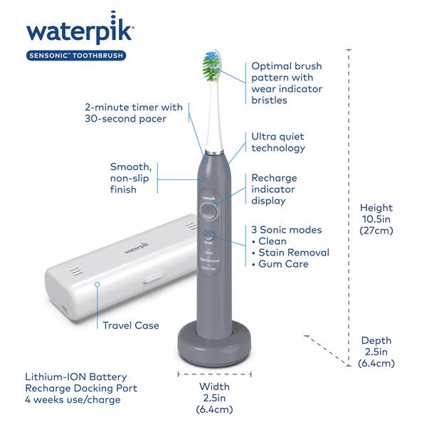 Features & Dimensions - Waterpik STW-03W027 Gray Sensonic Toothbrush