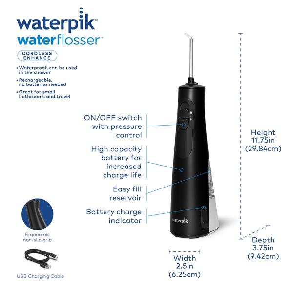 Features & Dimensions - Waterpik Cordless Enhance Water Flosser WF-21 Black