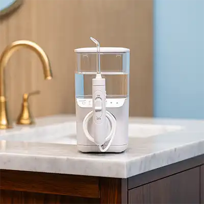 Image of the Waterpik Promax water flosser in bathroom setting