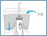 Step 1 diagram showing a full water flosser reservoir placed on the base unit. Arrows indicate the fill line and the reservoir placement on the base of the unit.