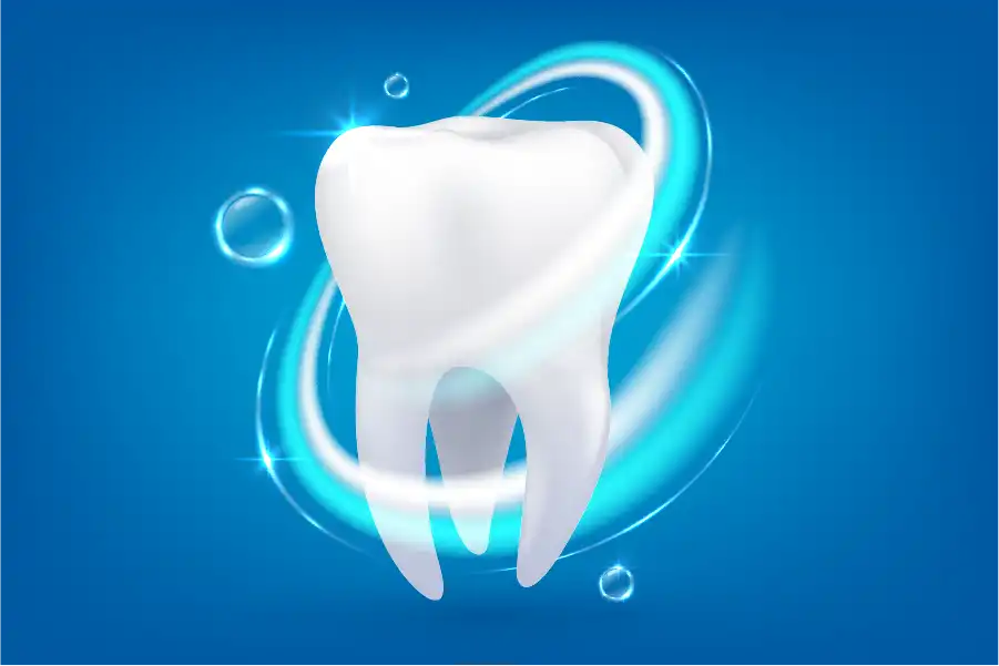 A Waterpik™ water flosser, on a blue background, with the number 7 behind it