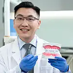 Dental professional holding a demonstration mouth with teeth and gums