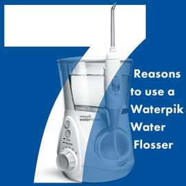Image of a Waterpik water flosser, on a blue background, with the text 7 reasons to use a Waterpik Water Flosser