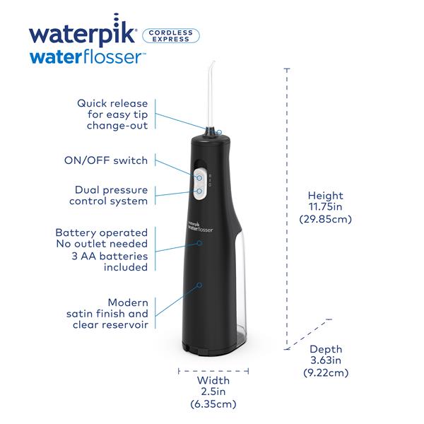 Features & Dimensions - Waterpik Cordless Express Water Flosser WF-02 Black