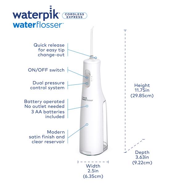 Features & Dimensions - Waterpik Cordless Express Water Flosser WF-02 White