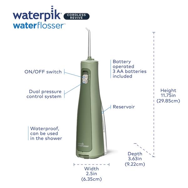 Features & Dimensions - Waterpik Cordless Revive Water Flosser WF-03 Green