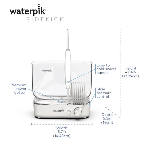 Features & Dimensions Waterpik Sidekick Water Flosser WF-04 Whit with Chrome