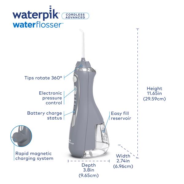 Features & Dimensions - Waterpik Cordless Advanced Water Flosser WP-567