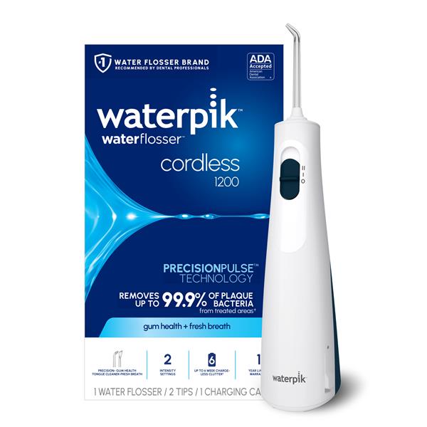 White Cordless 1200 handheld water flosser with retail packaging.
