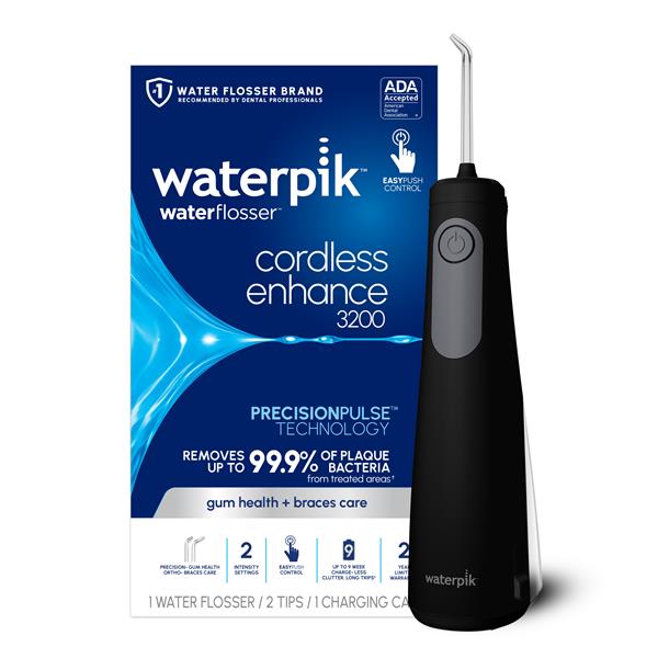 Black Cordless Enhance 3200 handheld water flosser with retail packaging.
