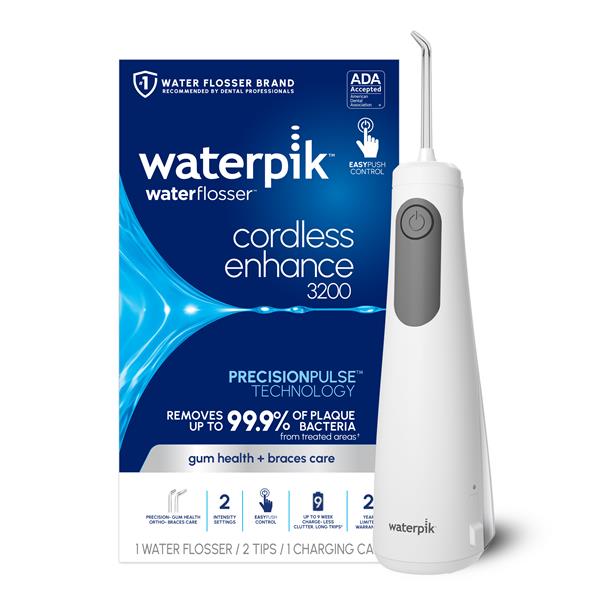 White Cordless Enhance 3200 handheld water flosser with retail packaging.