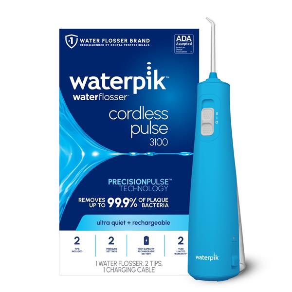 Cyan Cordless Pulse 3100 handheld water flosser with retail packaging.