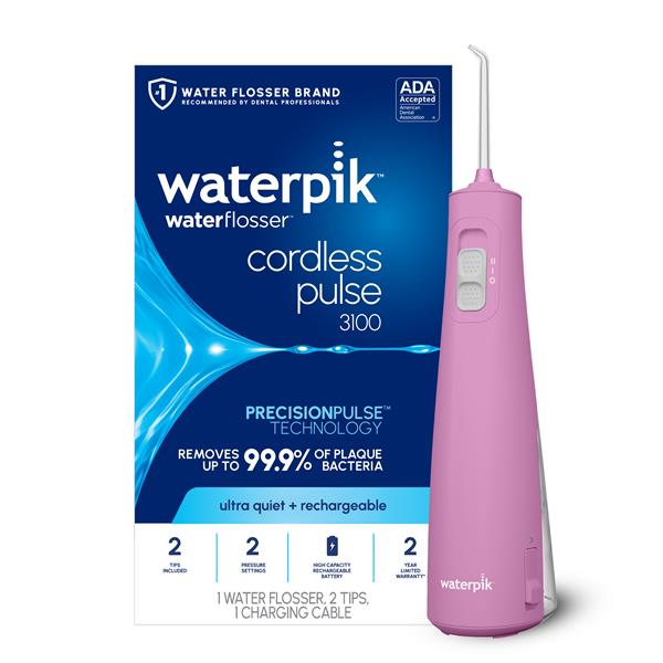 Mauve Cordless Pulse 3100 handheld water flosser with retail packaging.