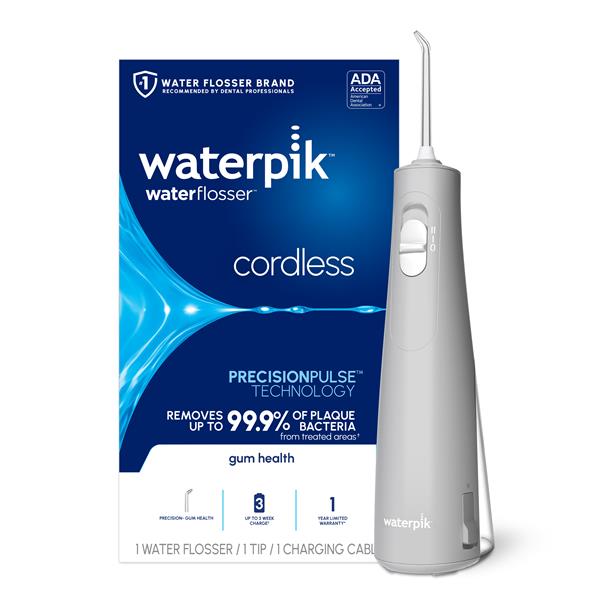 Gray Cordless handheld water flosser with retail packaging.