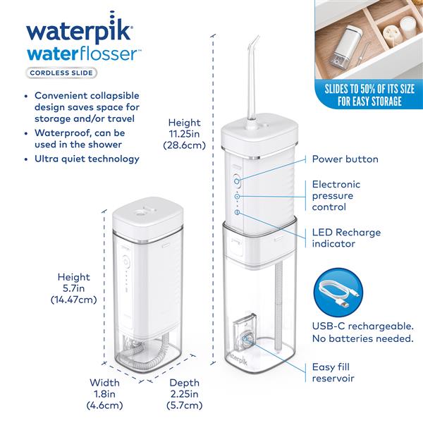 Features & Dimensions - Waterpik Cordless Slide Professional Water Flosser WF-17 White