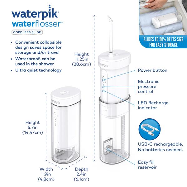 Features & Dimensions - Waterpik Cordless Slide Water Flosser WF-16W010 White