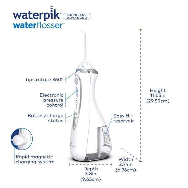 Features & Dimensions - Waterpik Cordless Advanced 2.0 Water Flosser WP-580