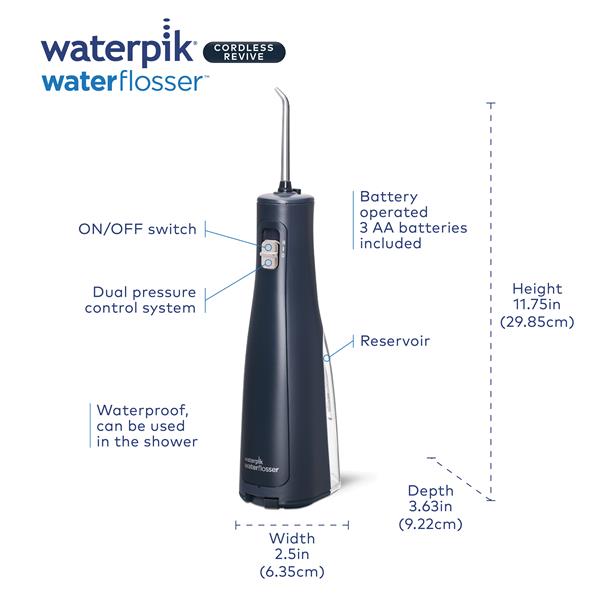 Features & Dimensions - Waterpik Cordless Revive Water Flosser WF-03 Blue