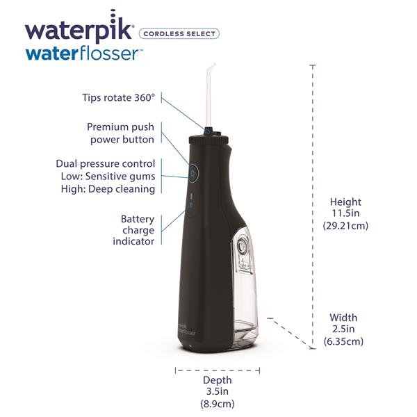 Features & Dimensions - Waterpik Cordless Select Water Flosser WF-10 Black
