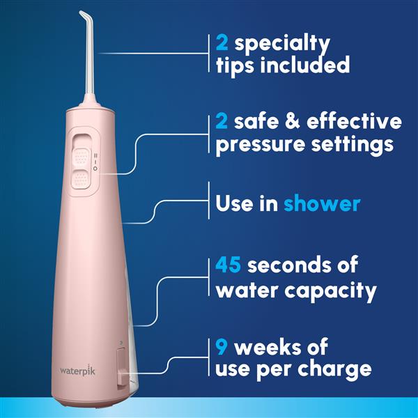 Features & Dimensions - Waterpik Cordless Pulse 3100 Water Flosser WF-20 Pink