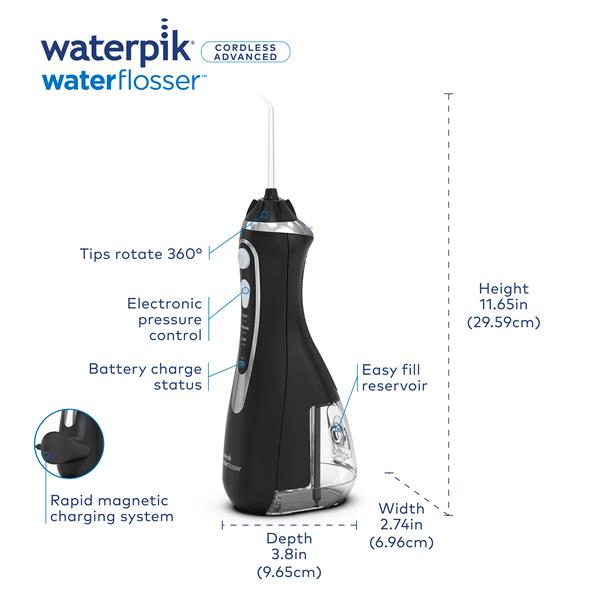 Features & Dimensions - Waterpik Cordless Advanced 2.0 Water Flosser WP-582