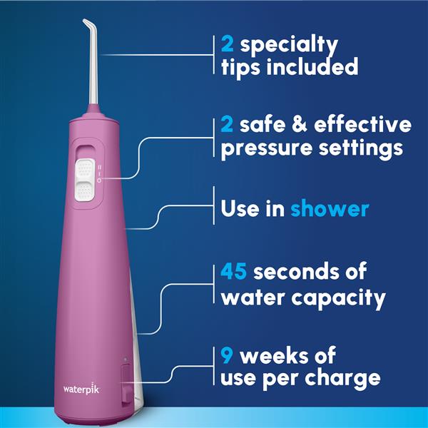 Mauve Cordless Pulse 3100 handheld water flosser features: 2 specialty tips, 2 pressure settings, use in the shower, 45 seconds of water capacity, and 9 weeks of use per charge.