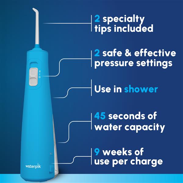 Cyan Cordless Pulse 3100 handheld water flosser features: 2 specialty tips, 2 pressure settings, use in the shower, 45 seconds of water capacity, and 9 weeks of use per charge.