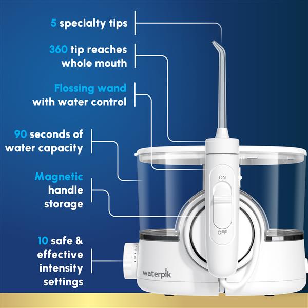 White ION countertop water flosser features: 5 specialty tips, 360ᵒ tip reaches whole mouth, flossing wand with water control, 90 seconds of water capacity, magnetic handle storage, and 10 safe and effective intensity settings.