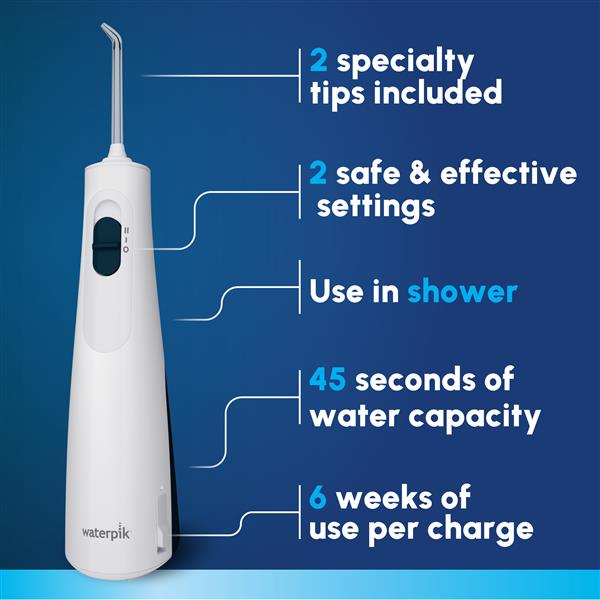 White Cordless 1200 handheld water flosser features: 2 specialty tips, 2 safe and effective settings, use in the shower, 45 seconds of water capacity, and 6 weeks of use per charge.