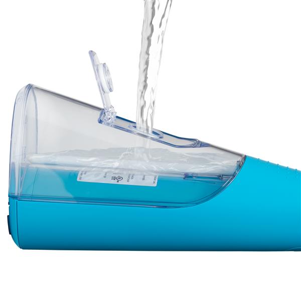 Filling the water reservoir of the cyan Cordless Pulse 3100 handheld water flosser.