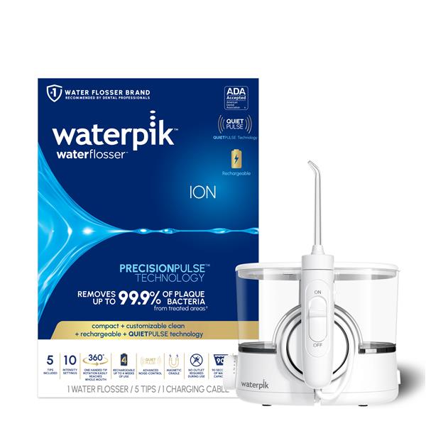 White ION countertop water flosser with retail packaging.
