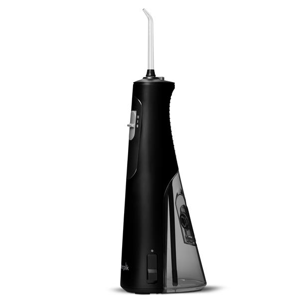 Sideview of the Black Cordless 1100 handheld water flosser.
