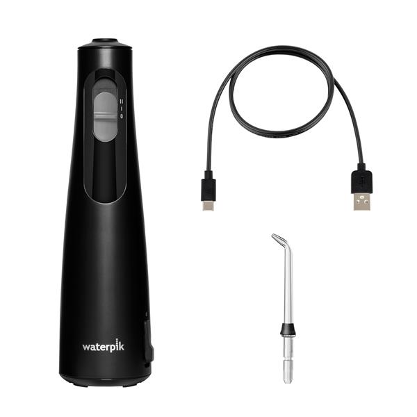 Black Cordless 1100 handheld water flosser with charging cable and Precision Handheld Cordless tip. 
