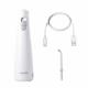 White Cordless 1100 handheld water flosser with charging cable and a Precision Handheld Cordless tip. 