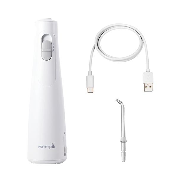 White Cordless 1100 handheld water flosser with charging cable and a Precision Handheld Cordless tip. 