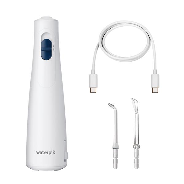 White Cordless 1200 handheld water flosser with charging cable, a Precision Handheld Cordless tip, and a Water Flosser Tongue Cleaner tip.