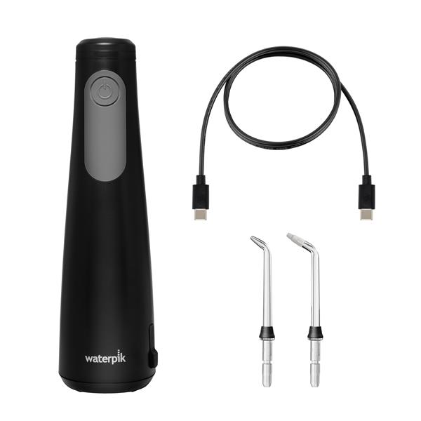 Black Cordless Enhance 3200 handheld water flosser with charging cable, 1 Precision Handheld Cordless tip, and 1 Orthodontic tip.