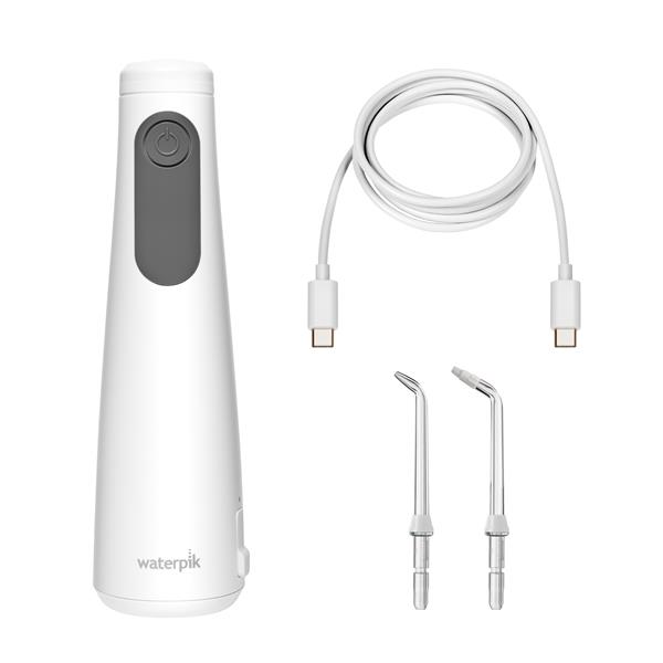 White Cordless Enhance 3200 handheld water flosser with charging cable, 1 Precision Handheld Cordless tip, and 1 Orthodontic tip.
