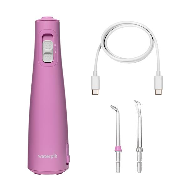 Mauve Cordless Pulse 3100 handheld water flosser with charging cable, a Precision Handheld Cordless tip, and a Water Flosser Tongue Cleaner tip.