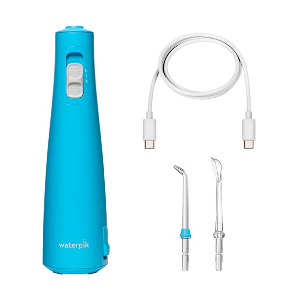 Cyan Cordless Pulse 3100 handheld water flosser with charging cable, a Precision Handheld Cordless tip, and a Water Flosser Tongue Cleaner tip.