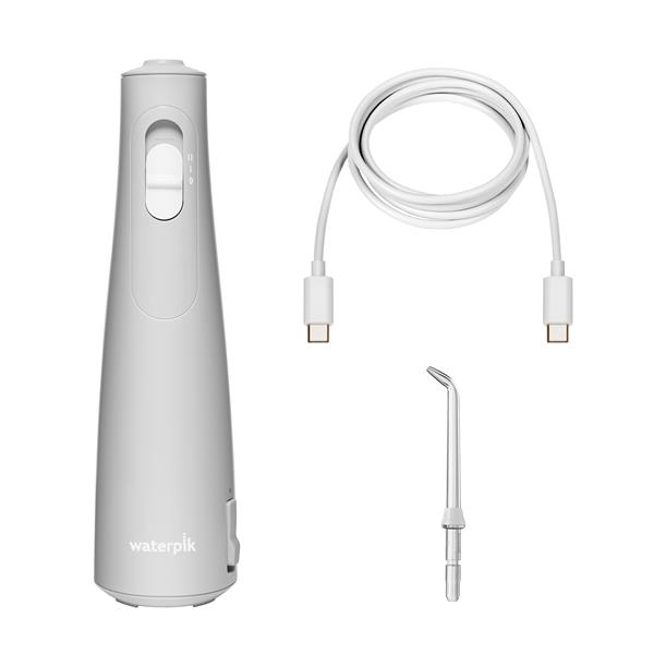Gray Cordless handheld water flosser with charging cable and a Precision Handheld Cordless tip.